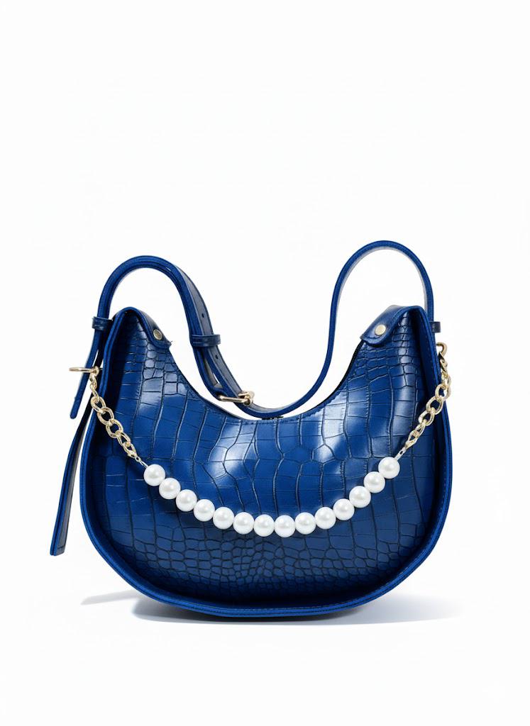 Croc-Embossed Hobo Bag with Pearl Chain - Navy Blue
