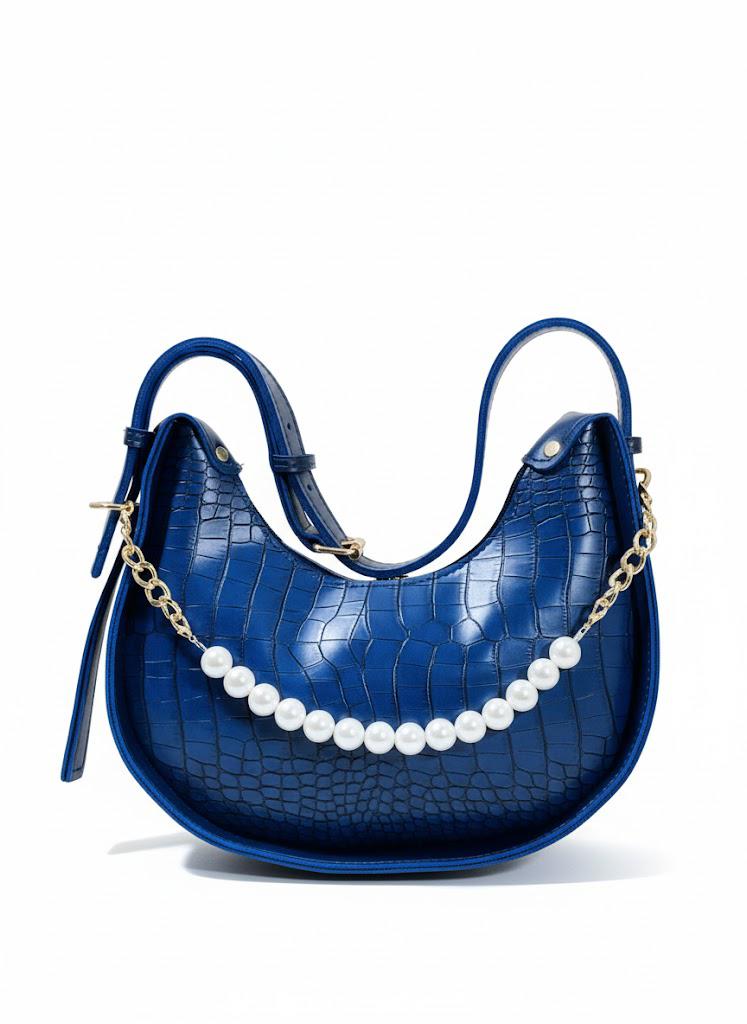 Croc-Embossed Hobo Bag with Pearl Chain - Navy Blue