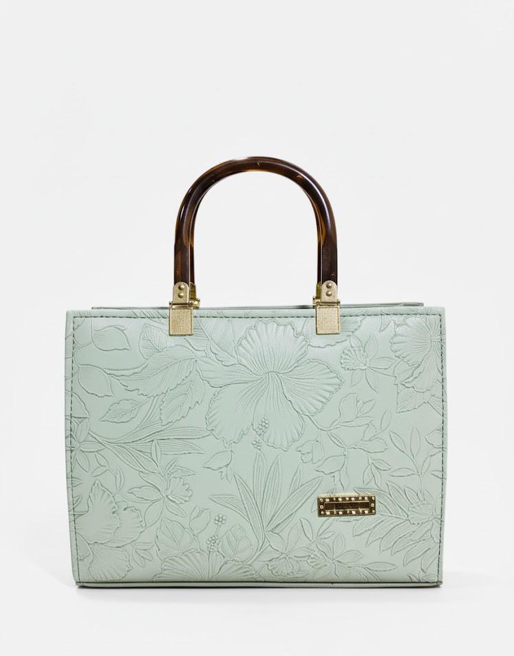 Floral Embossed Leather Handbag - Mint Green