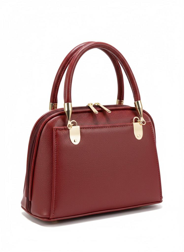 Textured Leather Dome Satchel - Burgundy