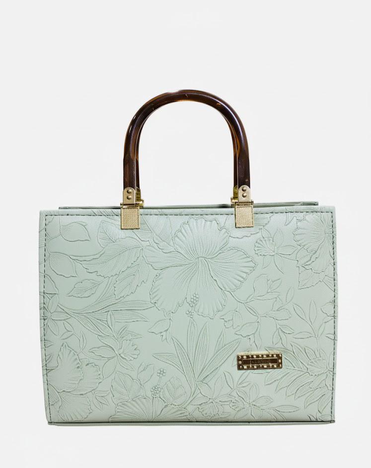 Floral Embossed Leather Handbag - Mint Green