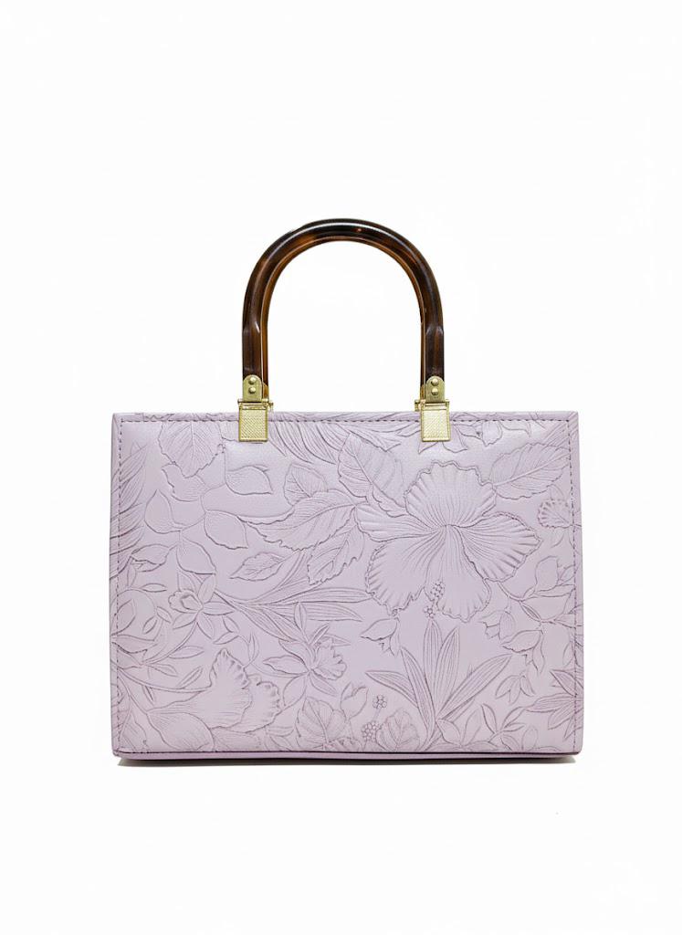 Floral Embossed Leather Handbag - Lavender