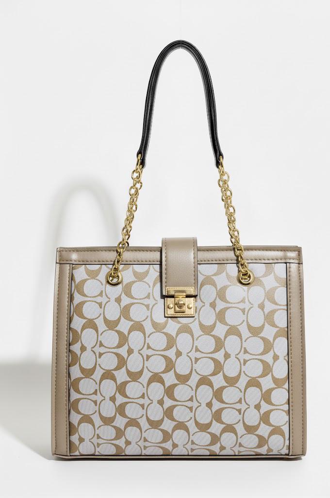 Signature Pattern Chain Tote Bag - Beige