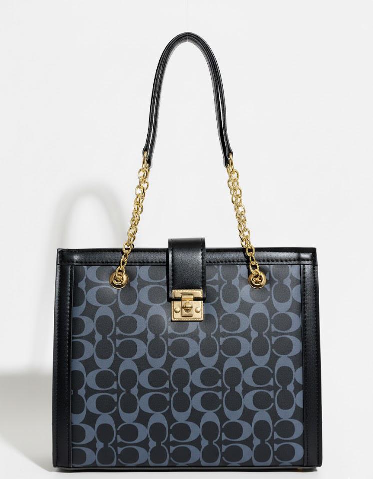 Signature Pattern Chain Tote Bag - Black