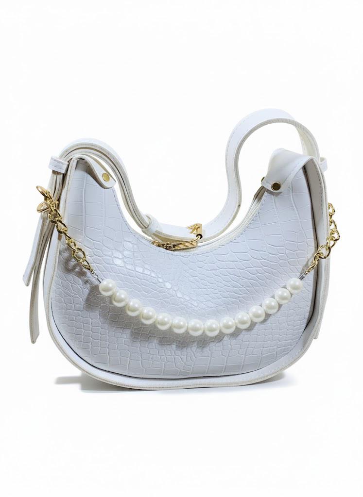 Croc-Embossed Hobo Bag with Pearl Chain - White