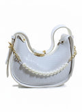 Croc-Embossed Hobo Bag with Pearl Chain - White