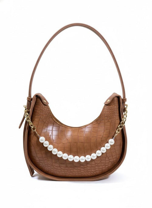 Croc-Embossed Hobo Bag with Pearl Chain - Brown