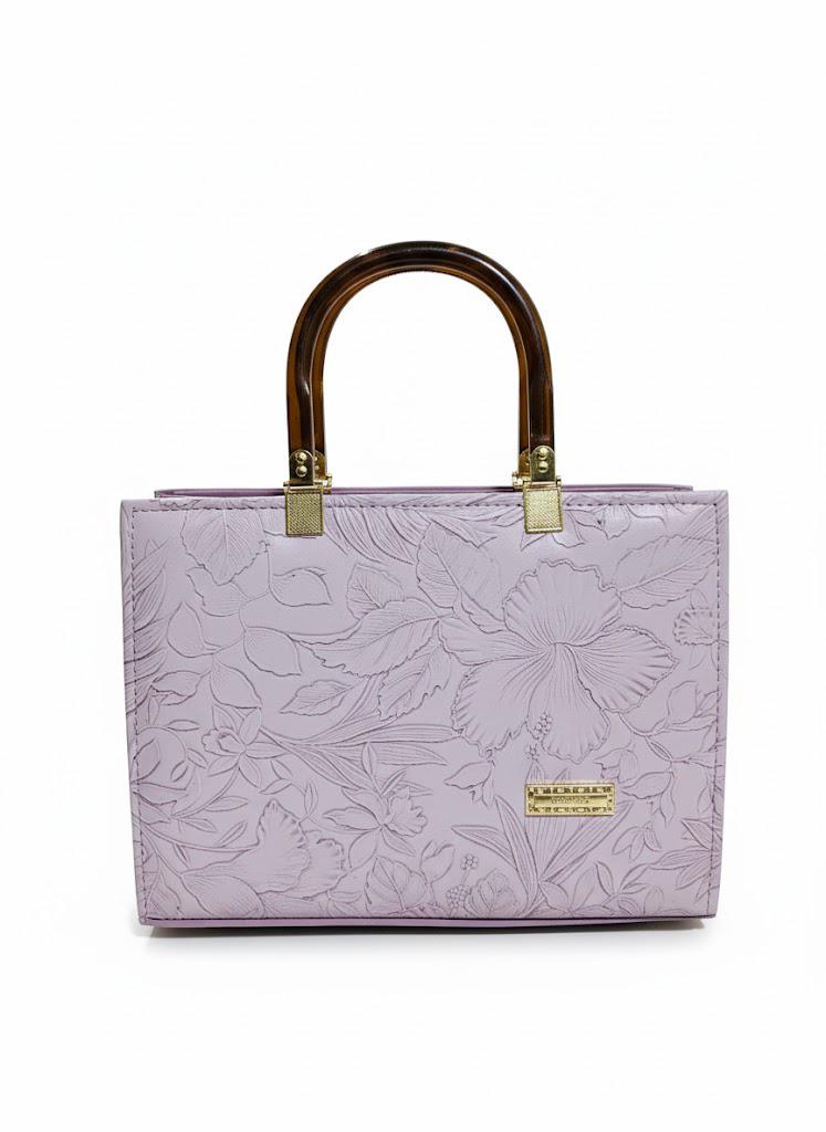 Floral Embossed Leather Handbag - Lavender