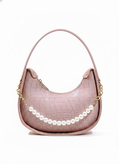 Croc-Embossed Hobo Bag with Pearl Chain - Black