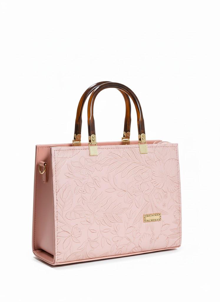 Floral Embossed Leather Handbag - Blush Pink