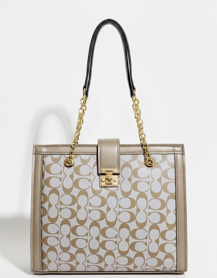 Signature Pattern Chain Tote Bag - Beige