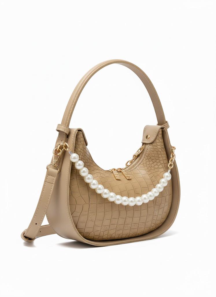 Croc-Embossed Hobo Bag with Pearl Chain - Beige