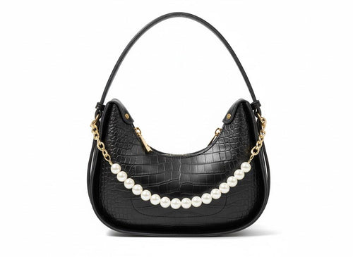 Croc-Embossed Hobo Bag with Pearl Chain - Black
