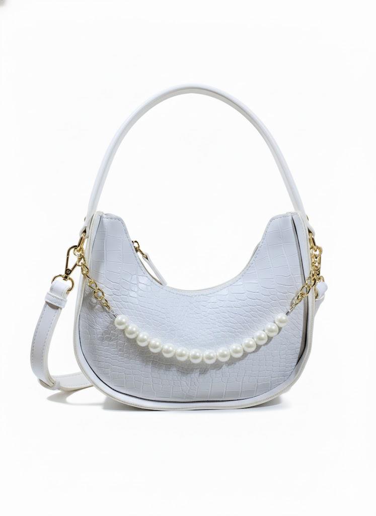 Croc-Embossed Hobo Bag with Pearl Chain - White