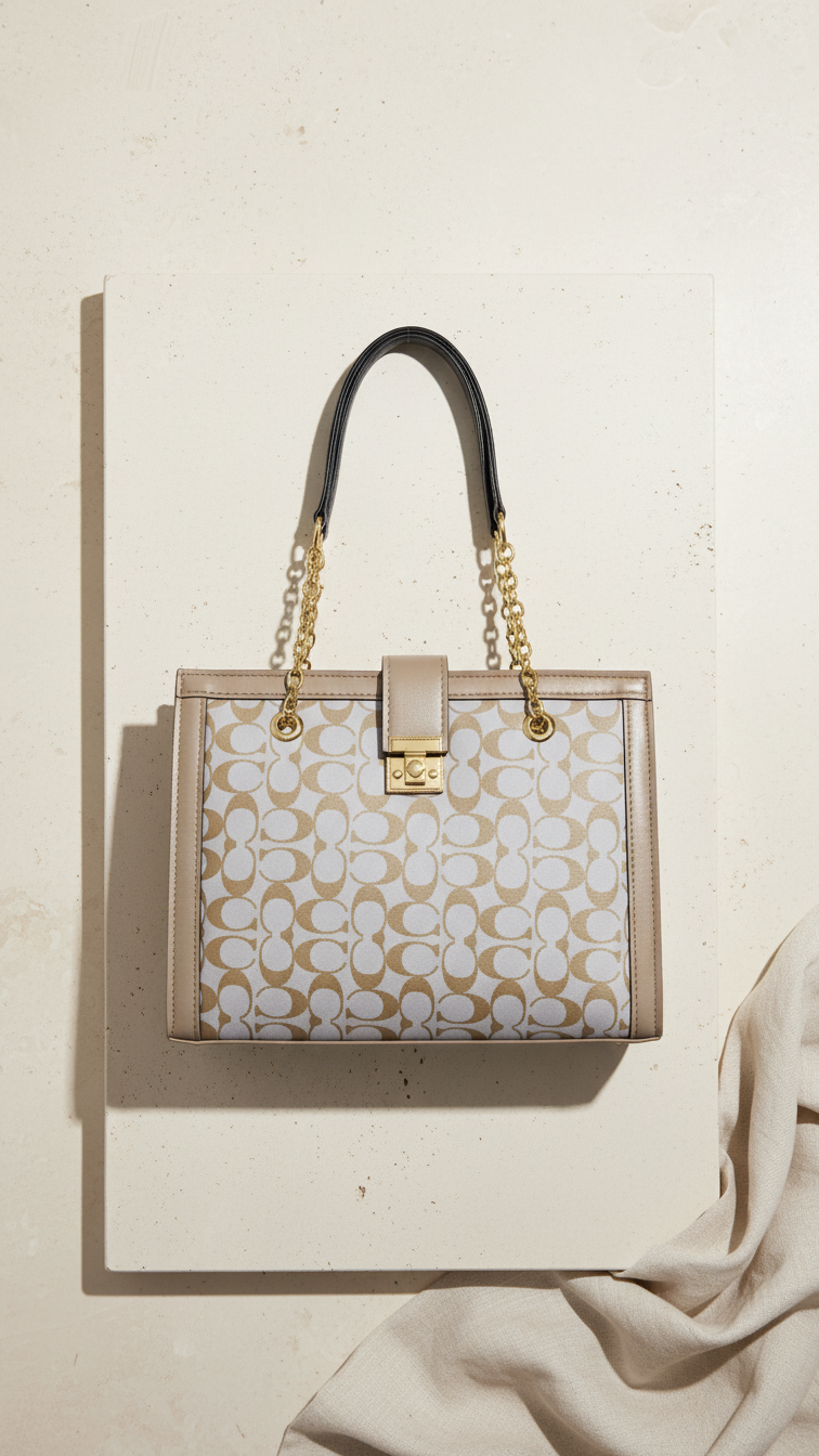 Signature Pattern Chain Tote Bag - Beige