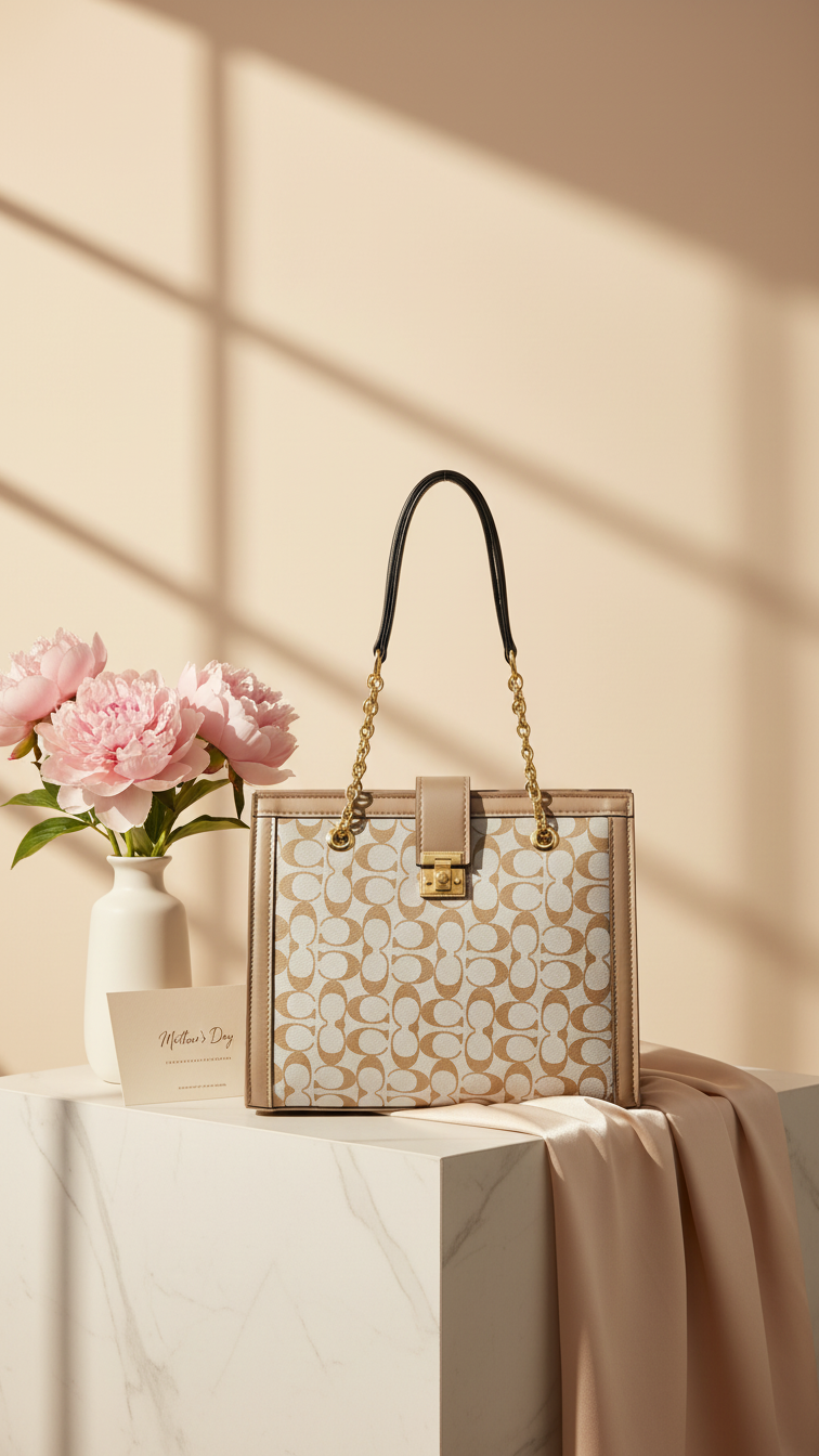Signature Pattern Chain Tote Bag - Beige