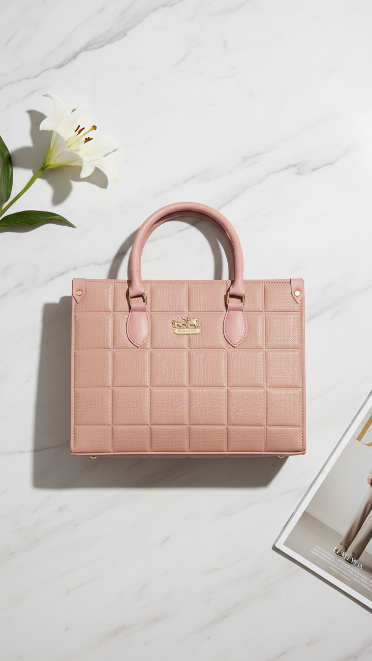 Luxury Blush Pink Quilted Leather Tote Bag - Coach Style