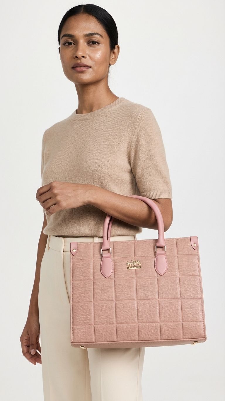 Luxury Blush Pink Quilted Leather Tote Bag - Coach Style
