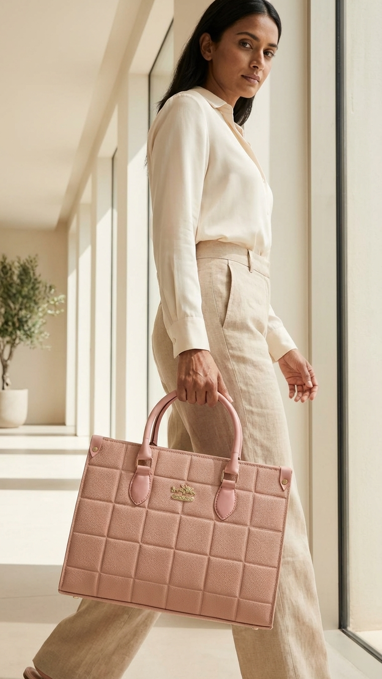 Luxury Blush Pink Quilted Leather Tote Bag - Coach Style