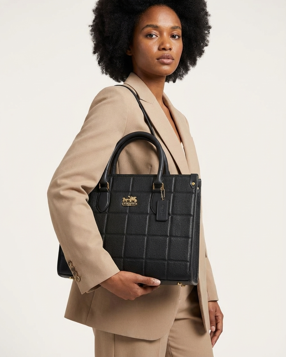 Luxury Black Quilted Leather Tote Bag - Coach Style