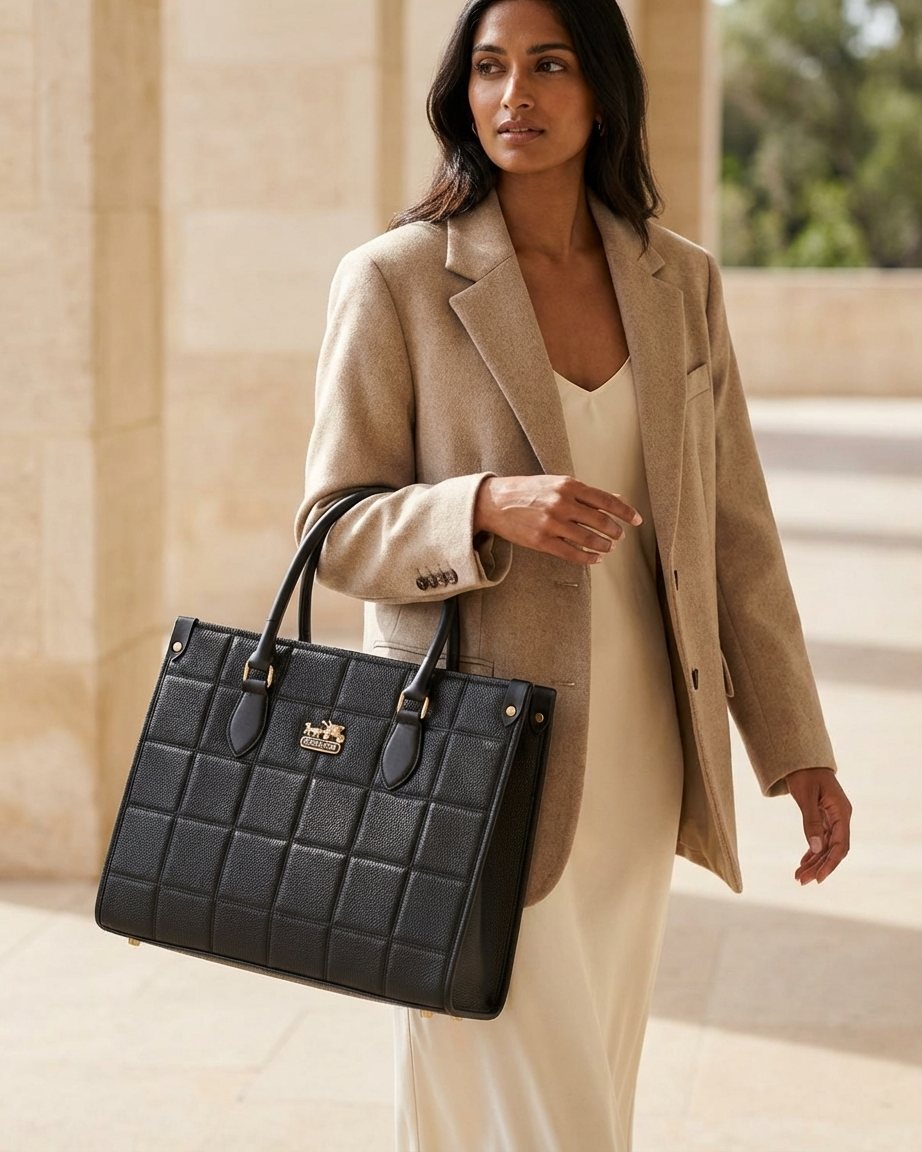 Luxury Black Quilted Leather Tote Bag - Coach Style