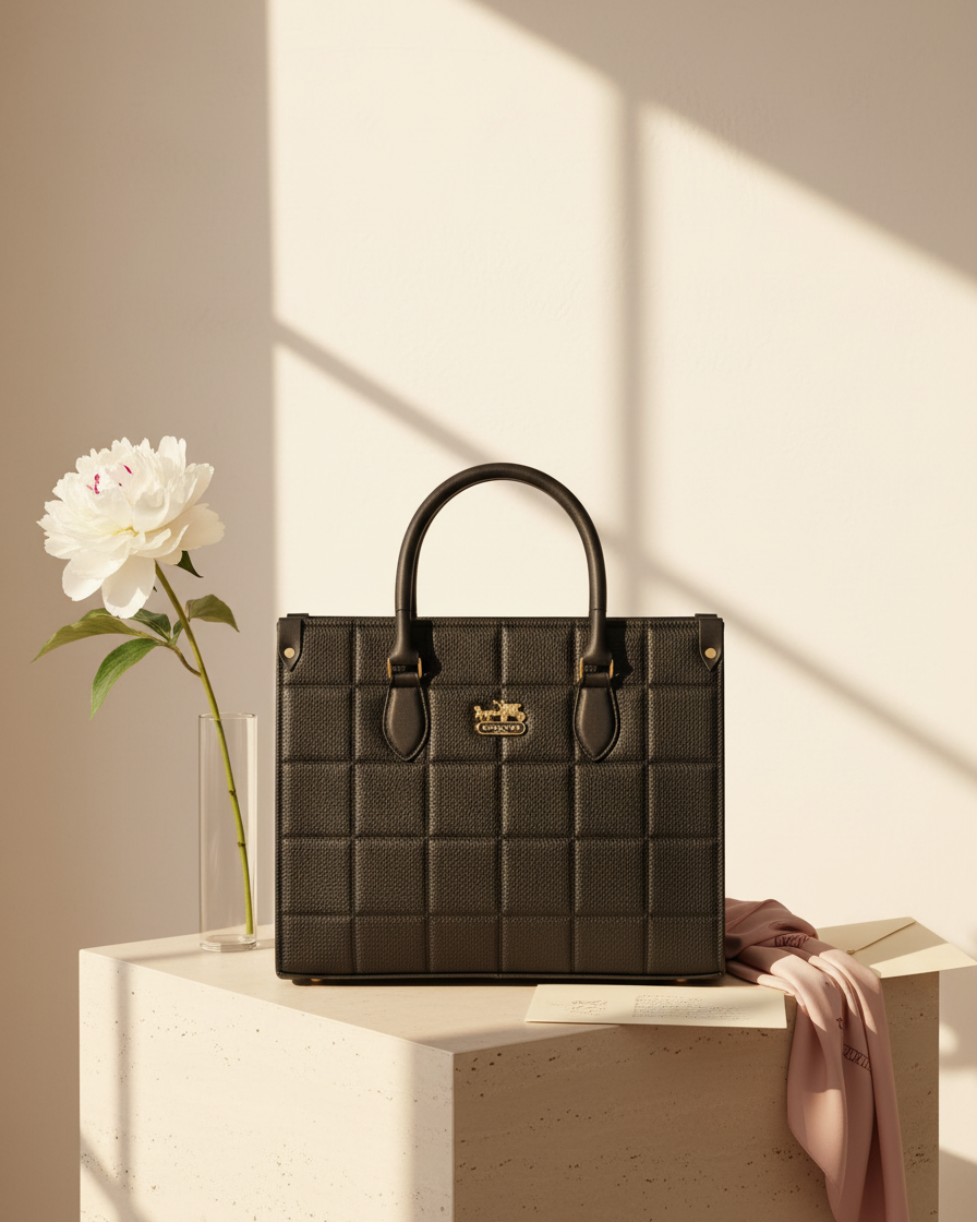 Luxury Black Quilted Leather Tote Bag - Coach Style