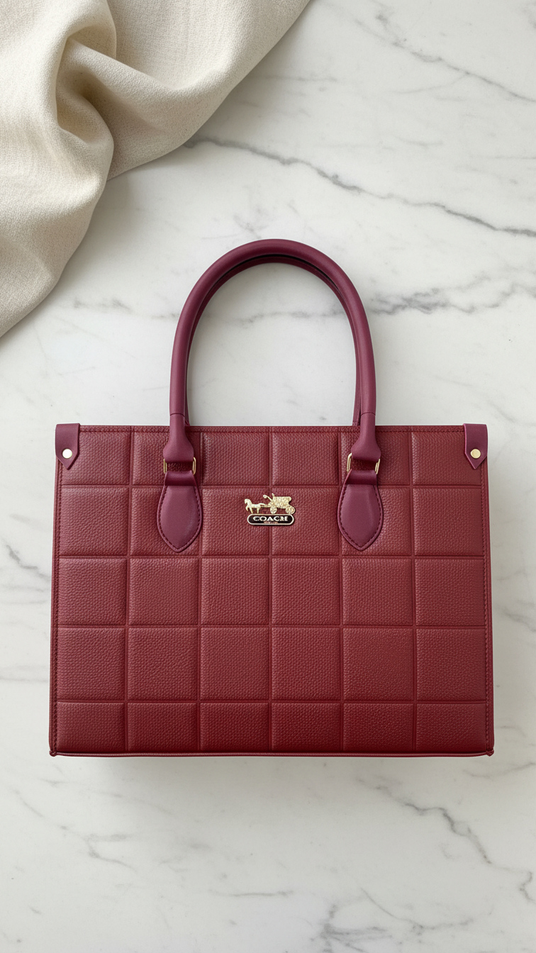 Luxury Burgundy Quilted Leather Tote Bag - Coach Style