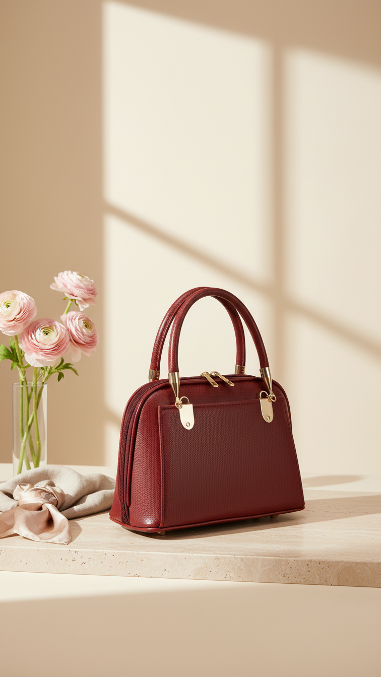 Textured Leather Dome Satchel - Burgundy