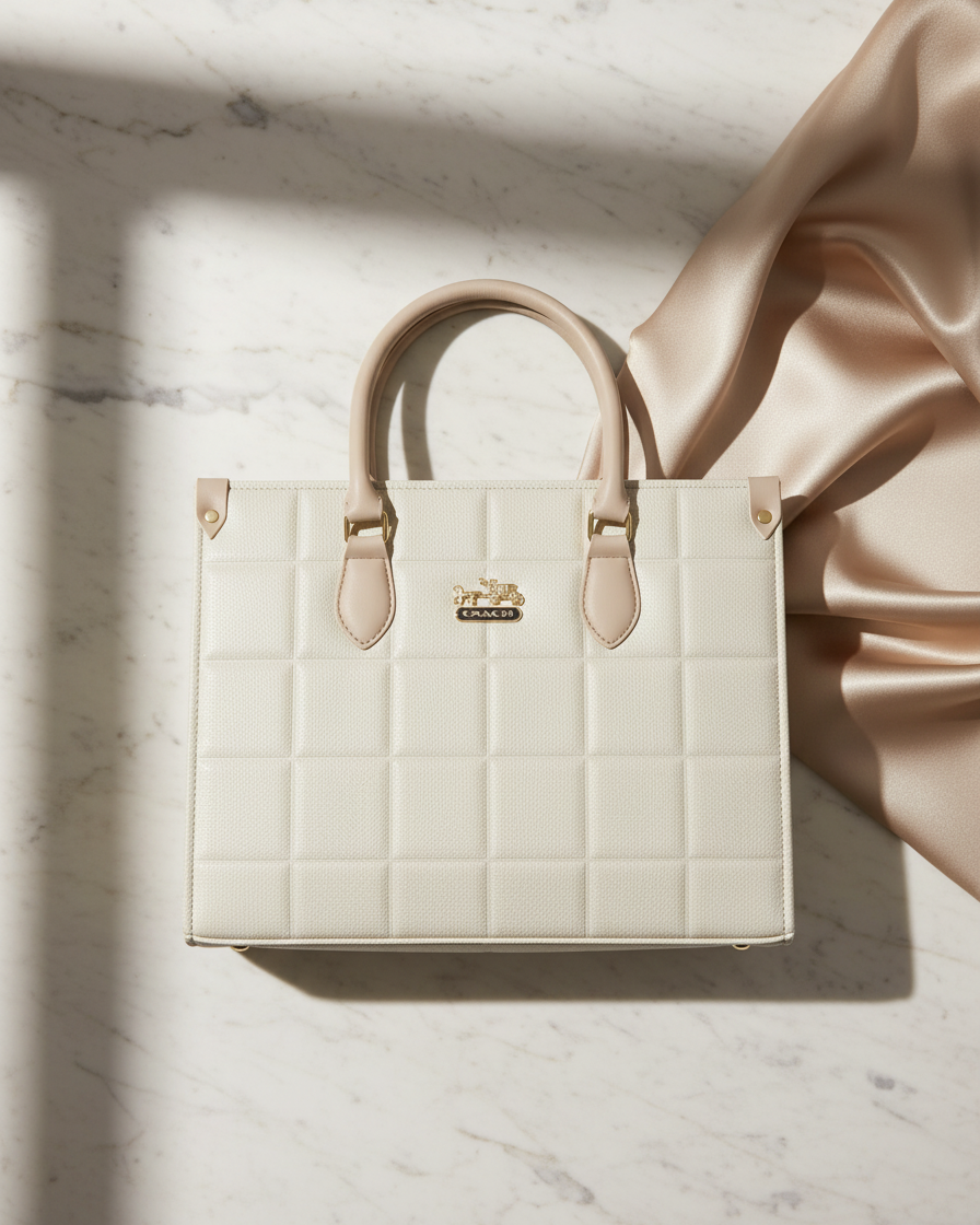 Luxury Cream White Quilted Leather Tote Bag - Coach Style